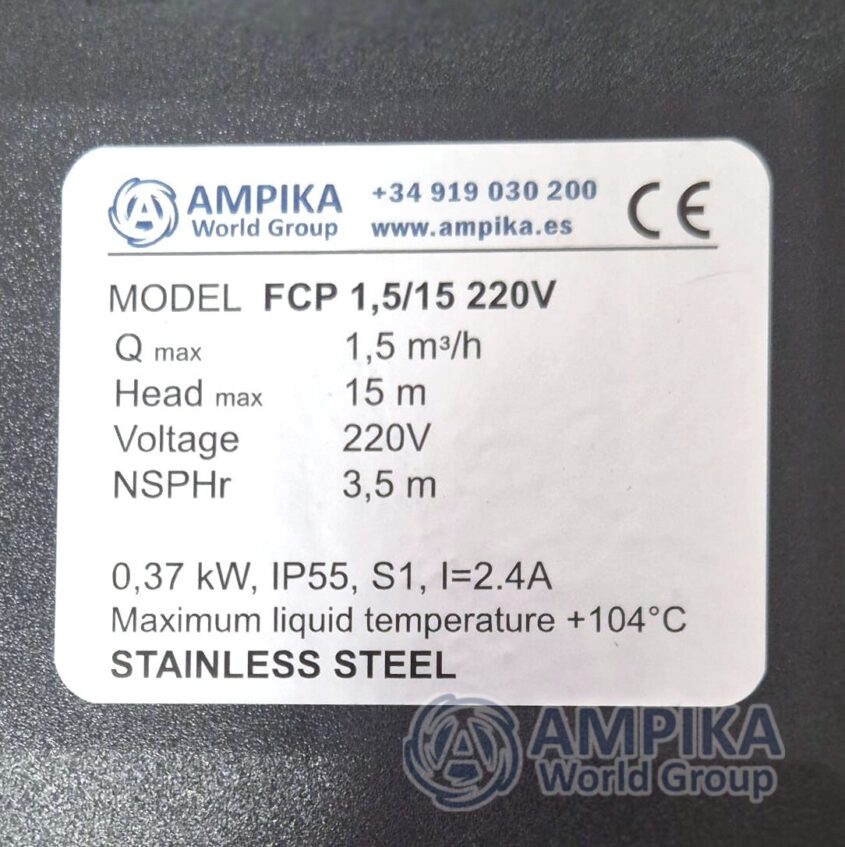 Bomba alimentaria de acero inoxidable Ampika FCP 1,5/15 220V