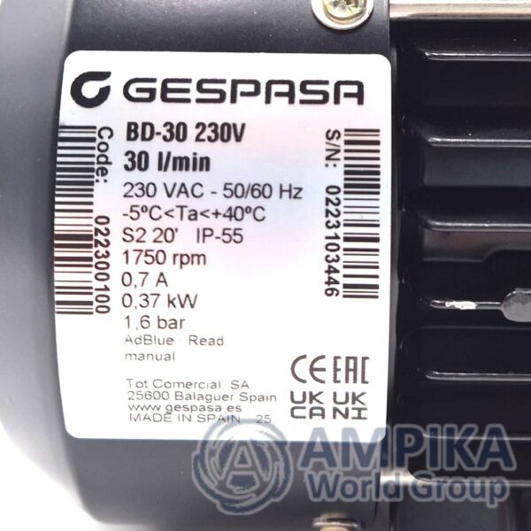Bomba autocebante de diafragma Gespasa para AdBlue BD-30 230V
