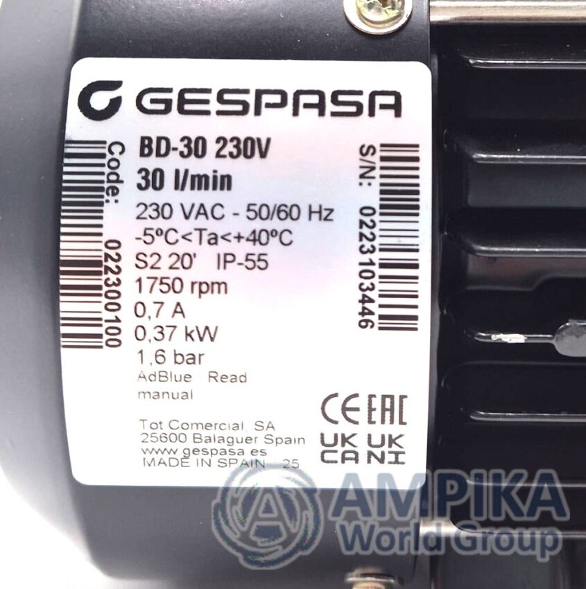 Bomba autocebante de diafragma Gespasa para AdBlue BD-30 230V