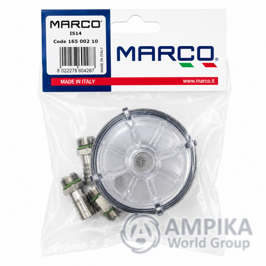 Filtro en línea Marco IS14 para tubo Ø14 mm, junta FKM, conexiones de acero inoxidable